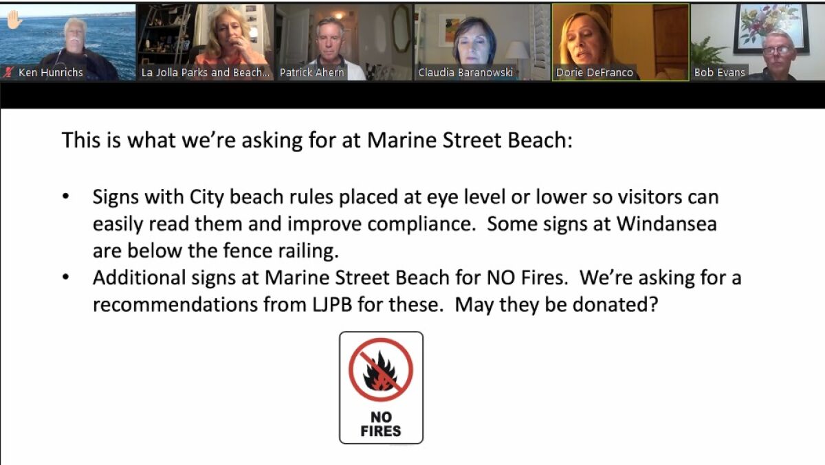 Dorie DeFranco presents her proposal for Marine Street Beach signage to the La Jolla Parks & Beaches board Sept. 27 online.