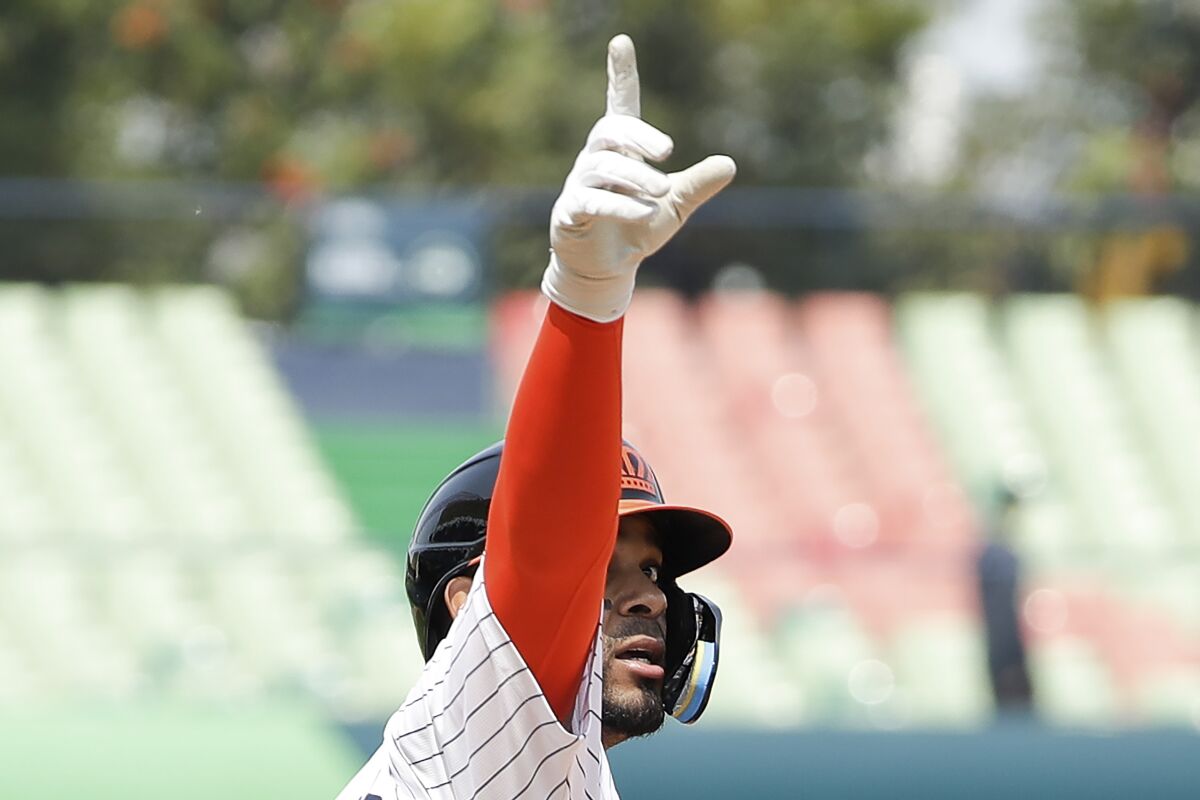 The Netherlands' Xander Bogaerts celebrates during a game against Panama in the World Baseball Classic.