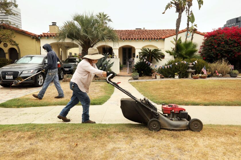 Los Angeles, California-July 6, 2022-Maria de la Cruz mows the dead lawn of Daniel Tellalian, who is no longer watering his lawn. Lino Rodriguez, age 17, works with his mother during summer vacation. This isn't the first drought Tellalian has been through. (Carolyn Cole/Los Angeles Times)