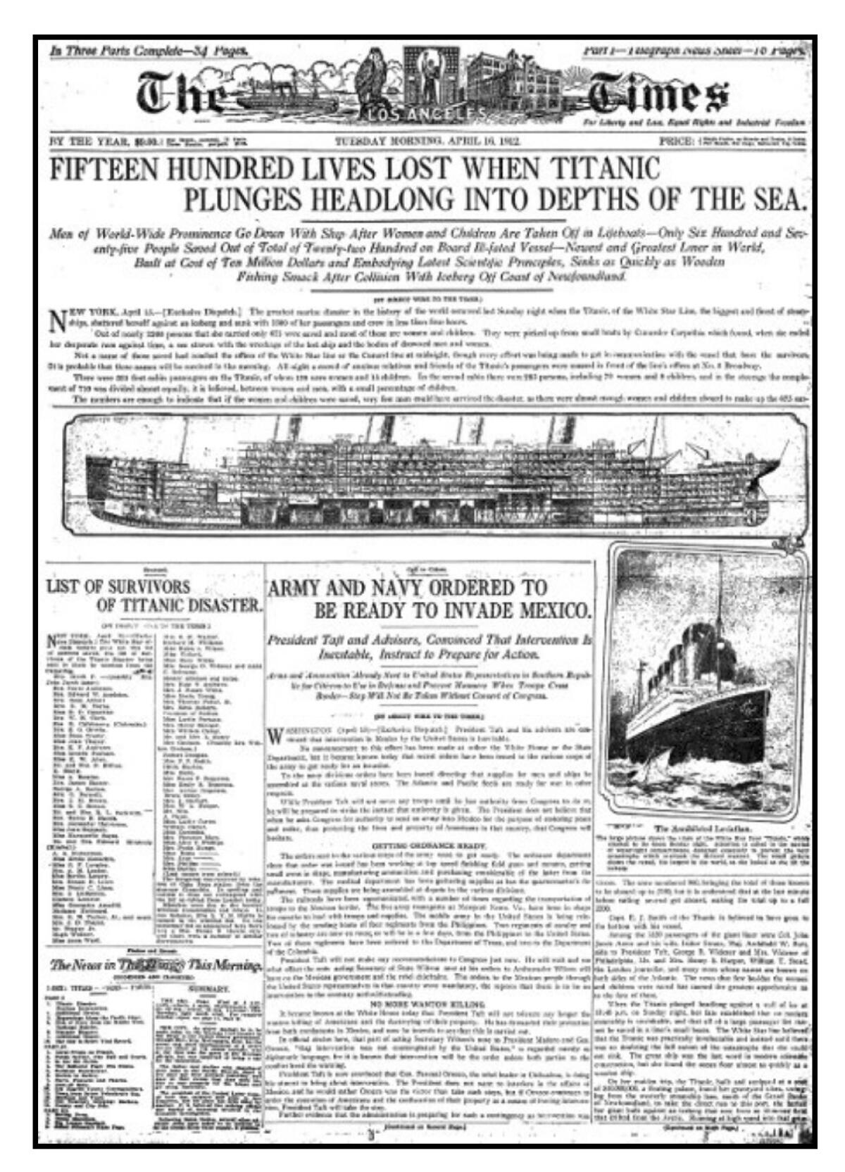 The April 16, 1912, front page of the Los Angeles Times on the sinking of the RMS Titanic.