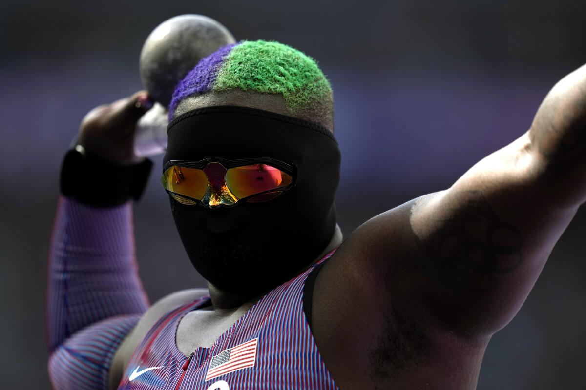 Raven Saunders competes at the Paris Olympics.