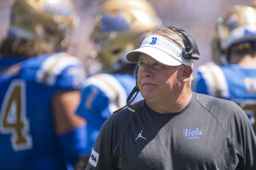 UCLA head coach Chip Kelly during an NCAA football game against Hawaii on Saturday, Aug. 28, 2021, in Los Angeles. (AP Photo/Kyusung Gong)