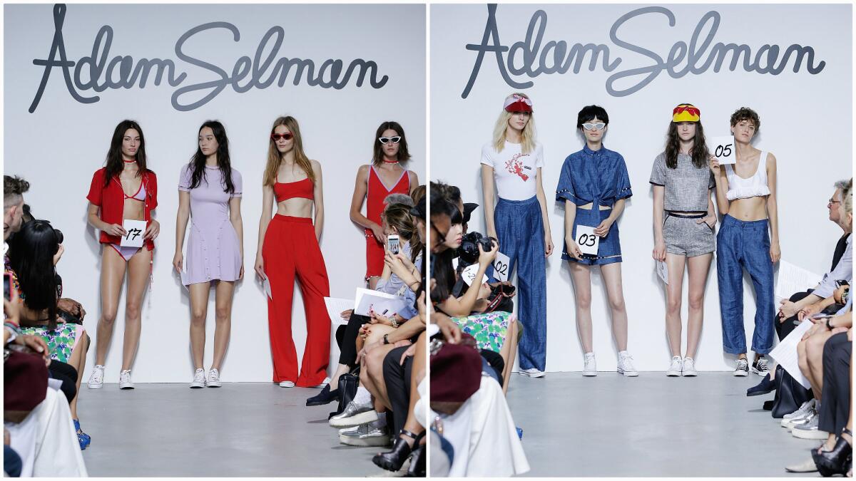 Looks from the Adam Selman spring and summer 2015 runway collection shown at the Algus Greenspon Gallery during New York Fashion Week.