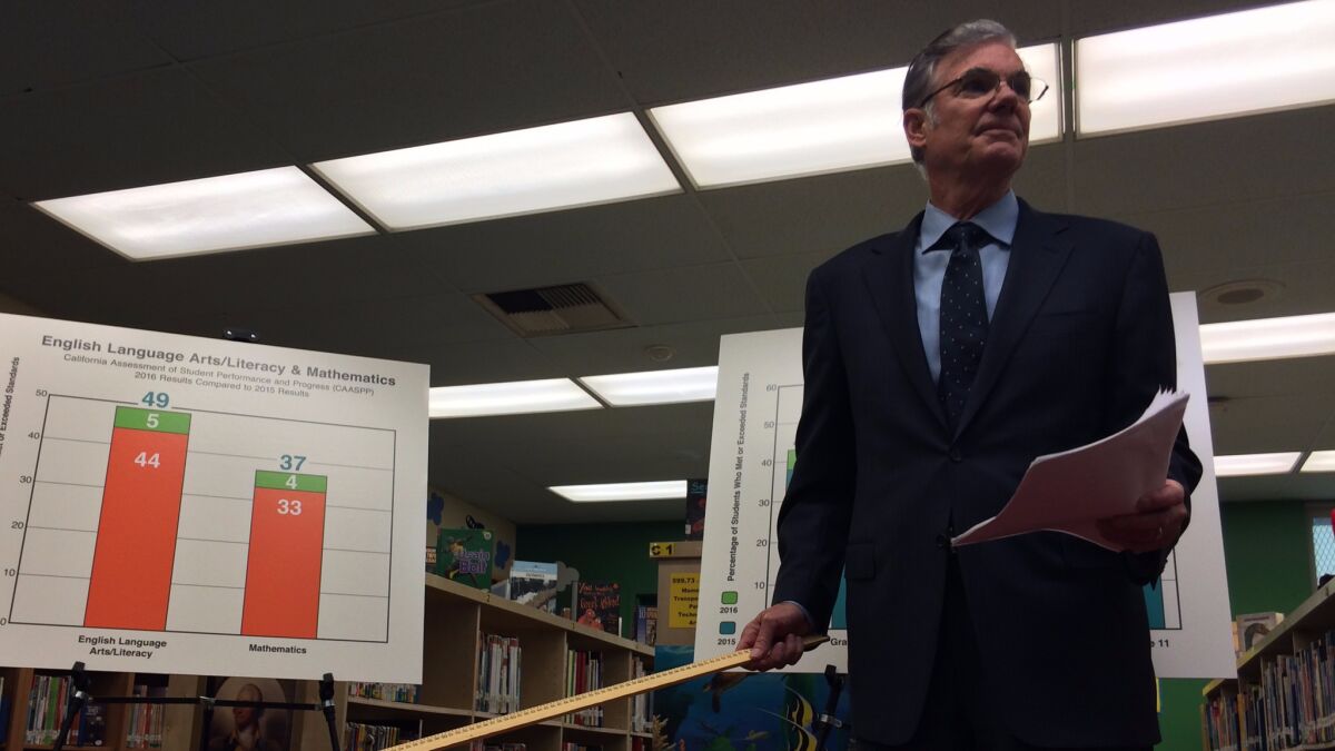 At Eagle Rock Elementary in Los Angeles, state schools Supt. Tom Torlakson uses a yardstick to point out this year's gains in standardized test scores.