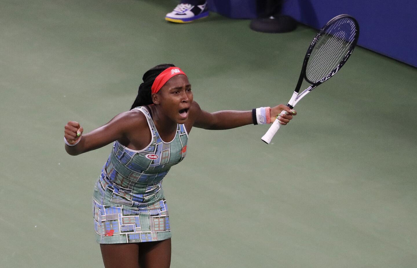 Coco Gauff reacts after defeating Anastasia Potapova during the 2019 U.S. Open on Aug. 27, 2019, in Queens.
