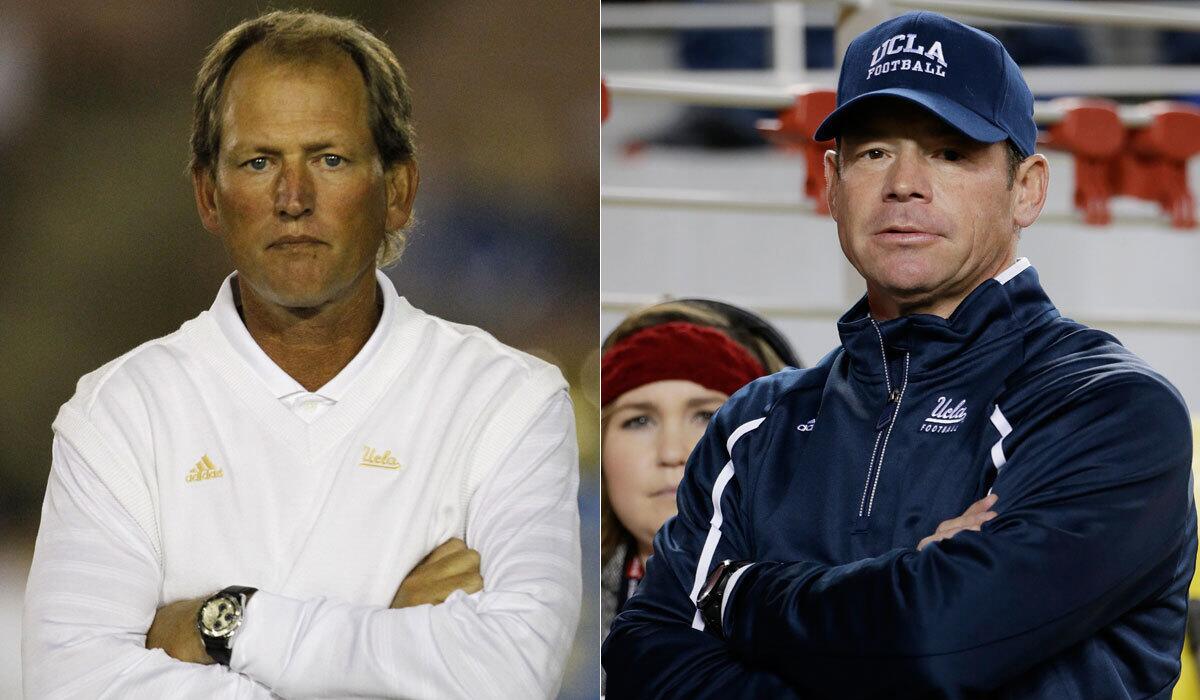 Rick Neuheisel, left, coached the Bruins from 2008-11; Jim Mora took over in 2012.
