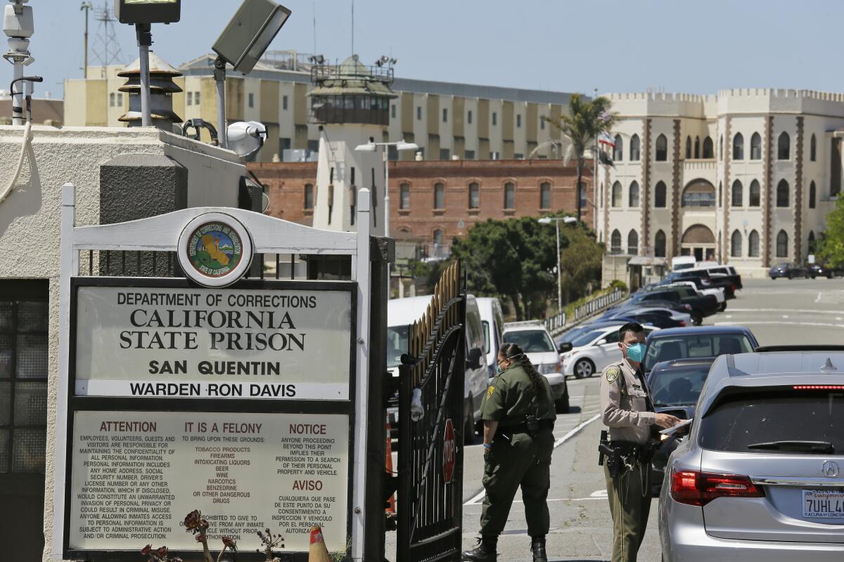 A checkpoint outside San Quentin State Prison. Fraudulent unemployment claims have been made under inmates' names.