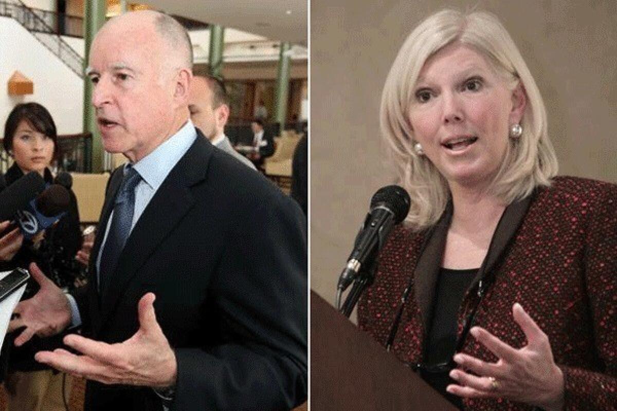Gov. Jerry Brown talks to reporters about his tax initiative on March 20. Molly Munger, right, is pursuing a rival initiative for the November ballot seeking to raise taxes.