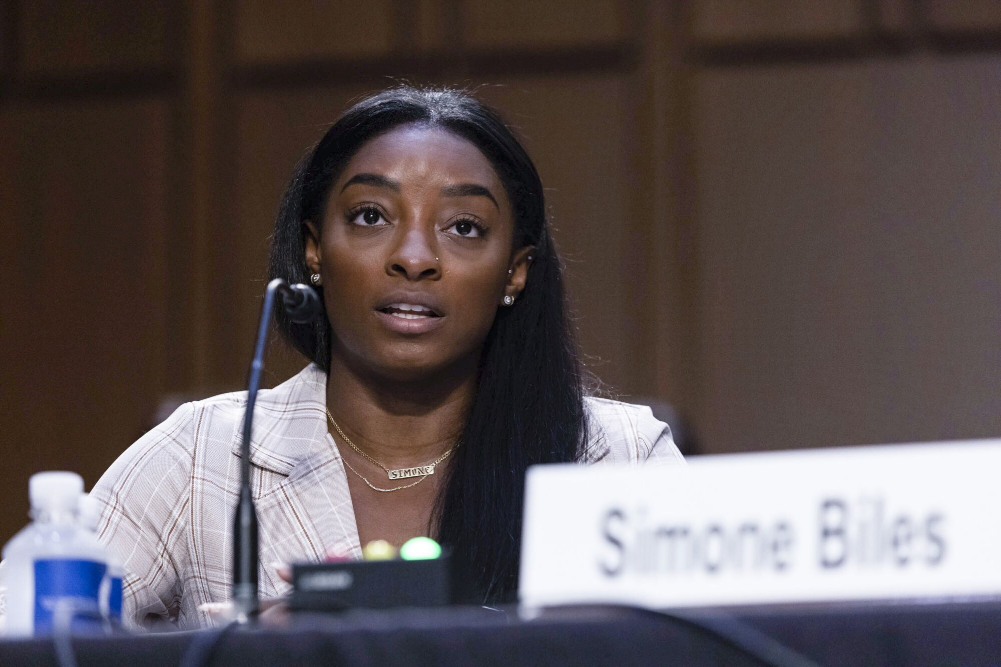 Olympic gymnast Simone Biles testifies on Capitol Hill during a Senate Judiciary hearing.