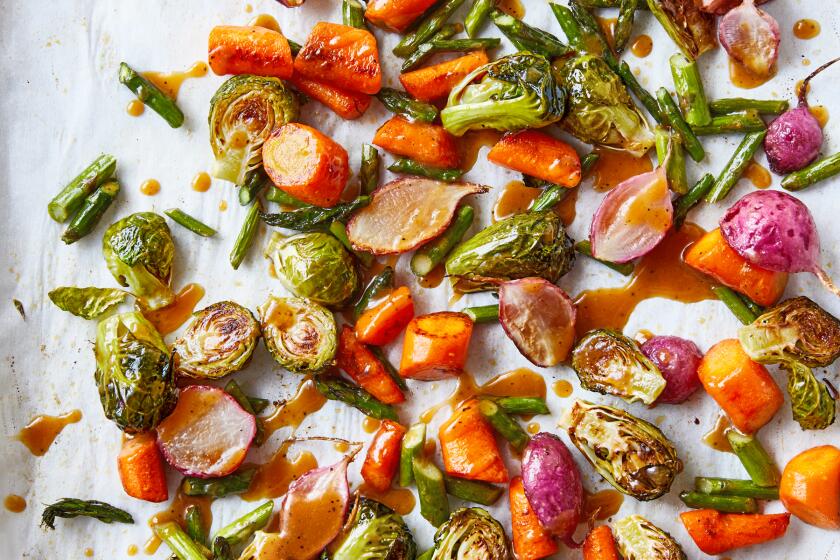 Umami roasted vegetables from the book Umami Bomb: 75 Vegetarian Recipes That Explode with Flavor by Raquel Pelzel.
