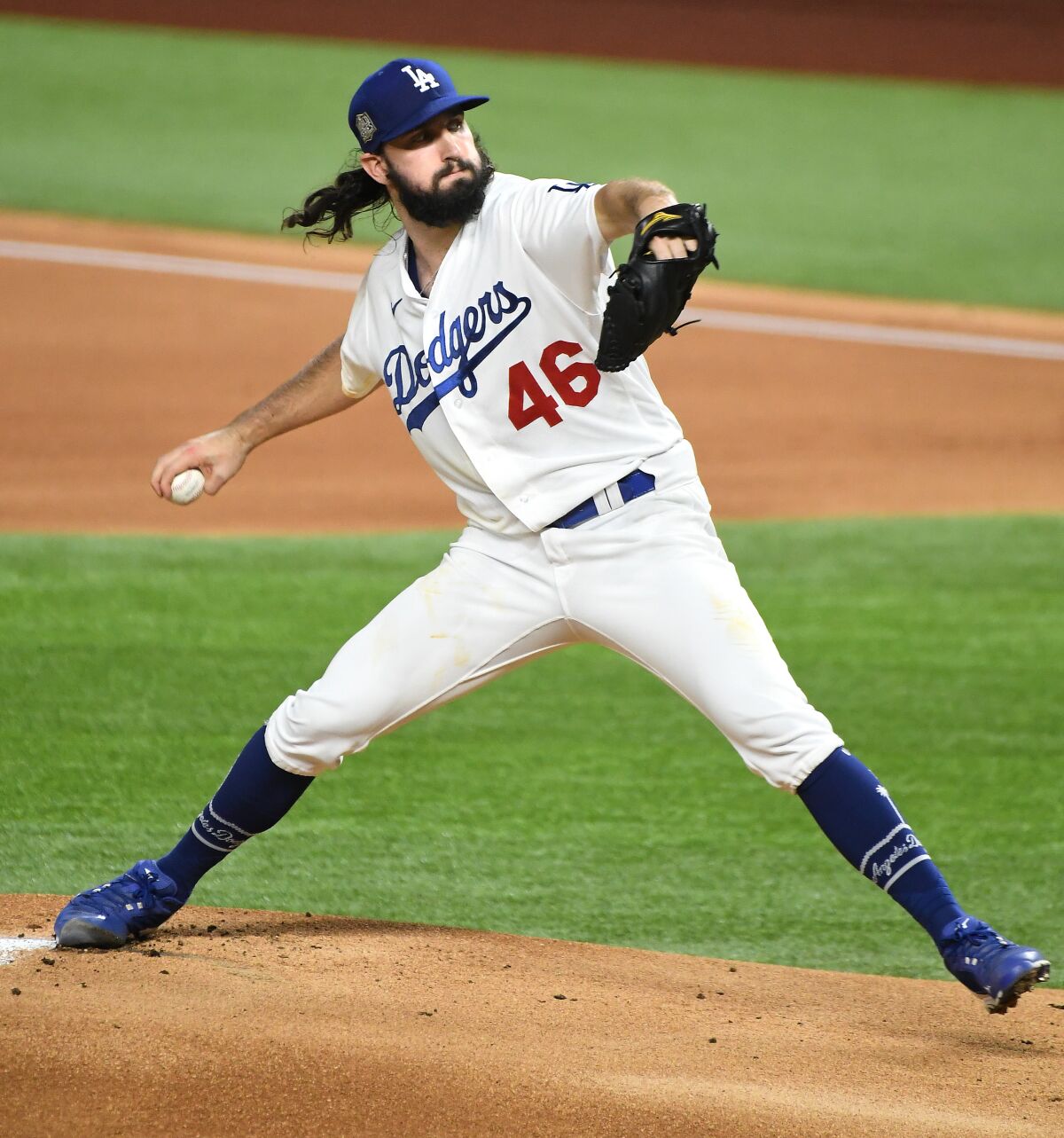 Dodgers pitcher Tony Gonsolin delivers during the first inning of Game 2 of the World Series.