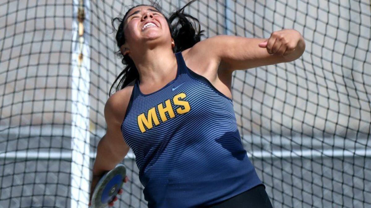 Marina junior thrower Alejandra Rosales, seen in the Beach Cities Invitational on March 23, produced career-high marks in the shotput and discus throw at the Trabuco Hills Invitational on Saturday.