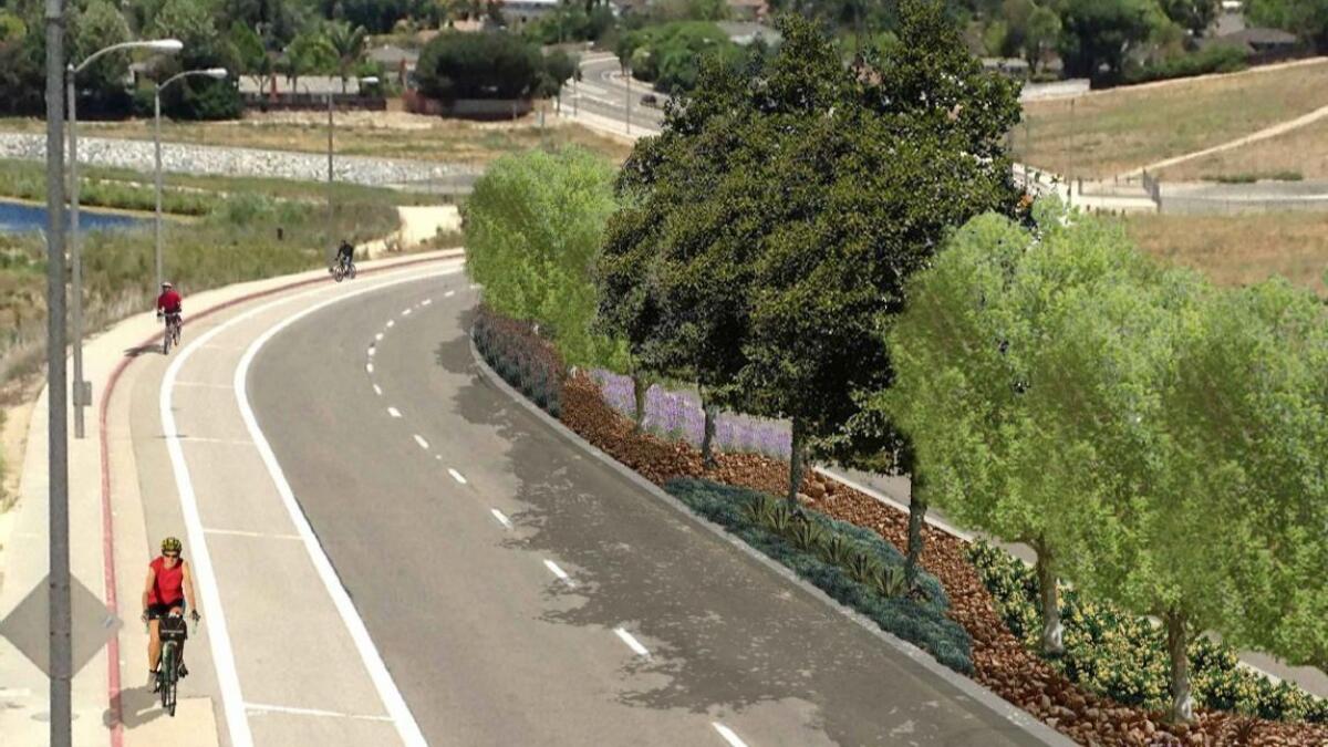 A proposed landscaped median on a portion of Placentia Avenue in Costa Mesa’s Fairview Park is depicted in this rendering from 2014.