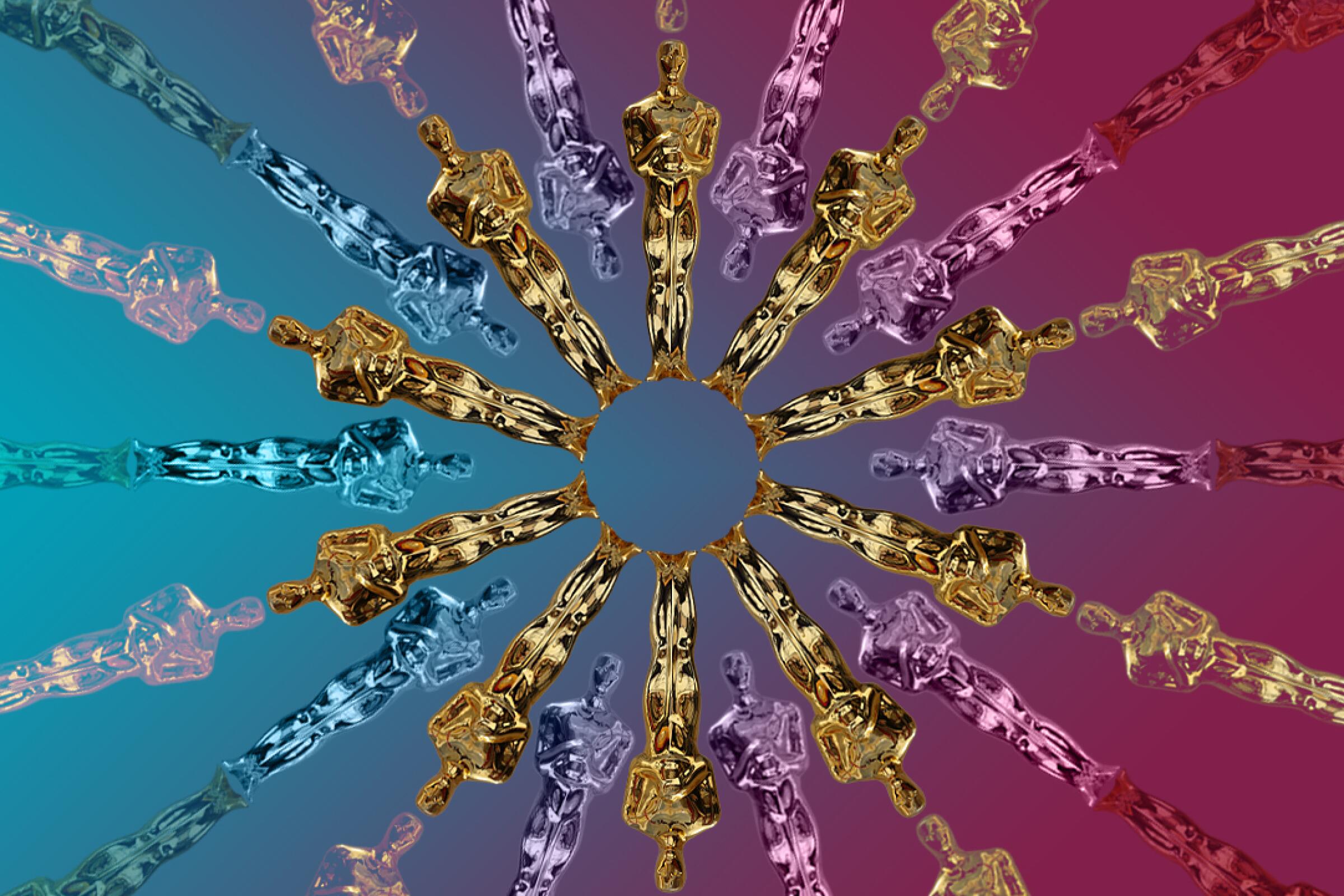 A kaleidoscopic illustration of Oscar statues