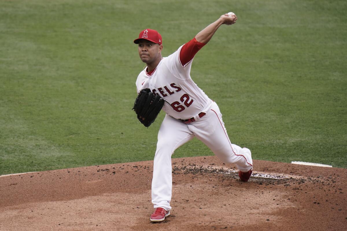 Angels starting pitcher Jose Quintana delivers against the Texas Rangers on April 21.