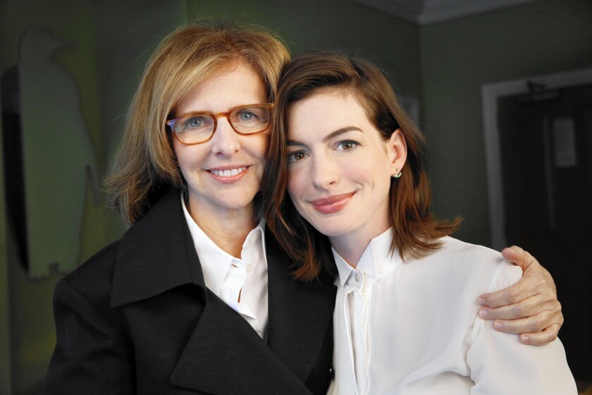 Writer-director Nancy Meyers, left, and actress Anne Hathaway of "The Intern" in New York on Aug. 29, 2015.