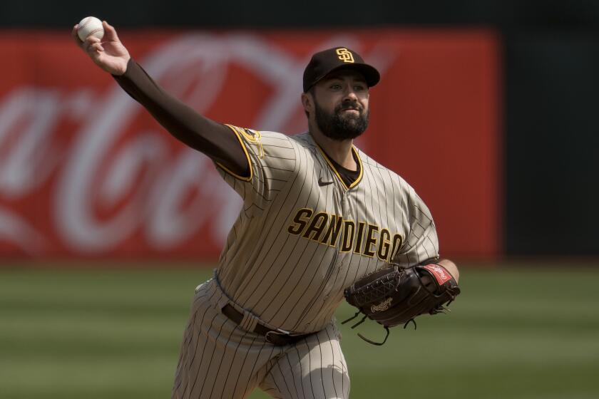 San Diego Padres pitcher Matt Waldron throws to an Oakland Athletics batter during the first inning of a baseball game, Saturday, Sept. 16, 2023, in Oakland, Calif. (AP Photo/Godofredo A. Vásquez)