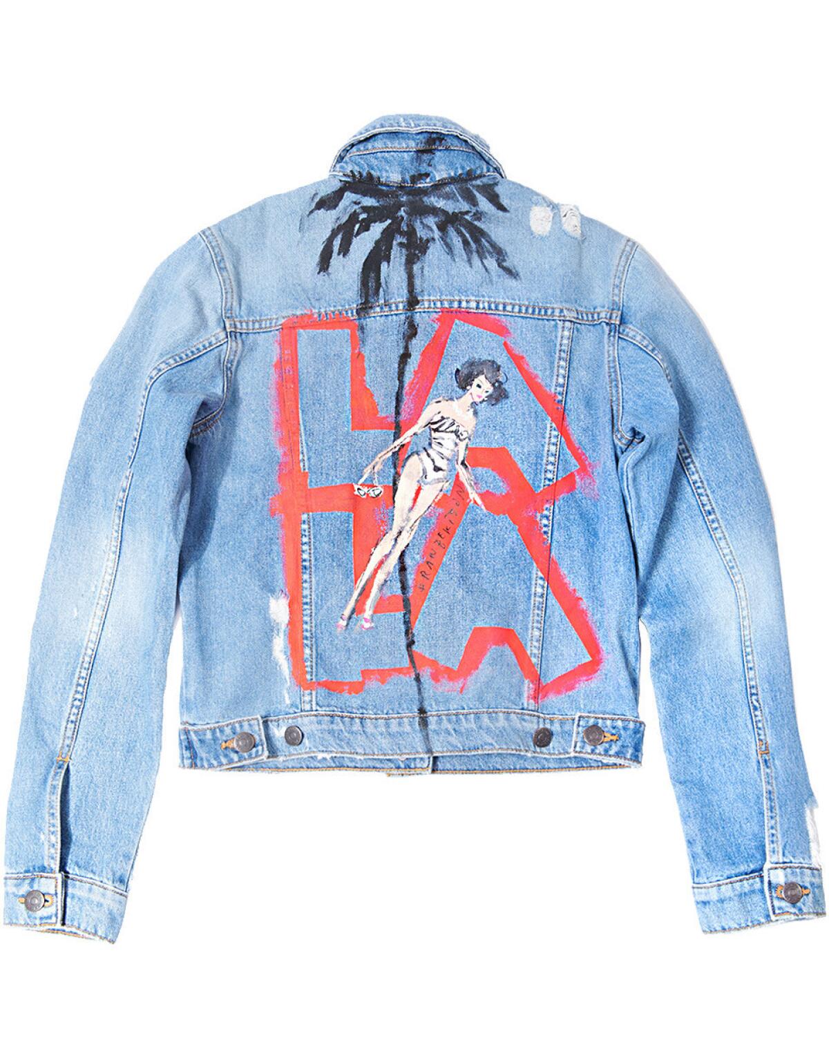Ten one-of-a-kind jean jackets with Donald Robertson hand-painted illustrations were created to celebrate the new Veronica Beard store on Melrose Place in Los Angeles.