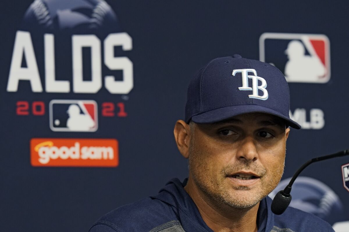 Tampa Bay Rays manager Kevin Cash answers a question during a news conference before an American League Division Series baseball practice Wednesday, Oct. 6, 2021, in St. Petersburg, Fla. The Rays play the Boston Red Sox in the bet-of-five series. (AP Photo/Chris O'Meara)