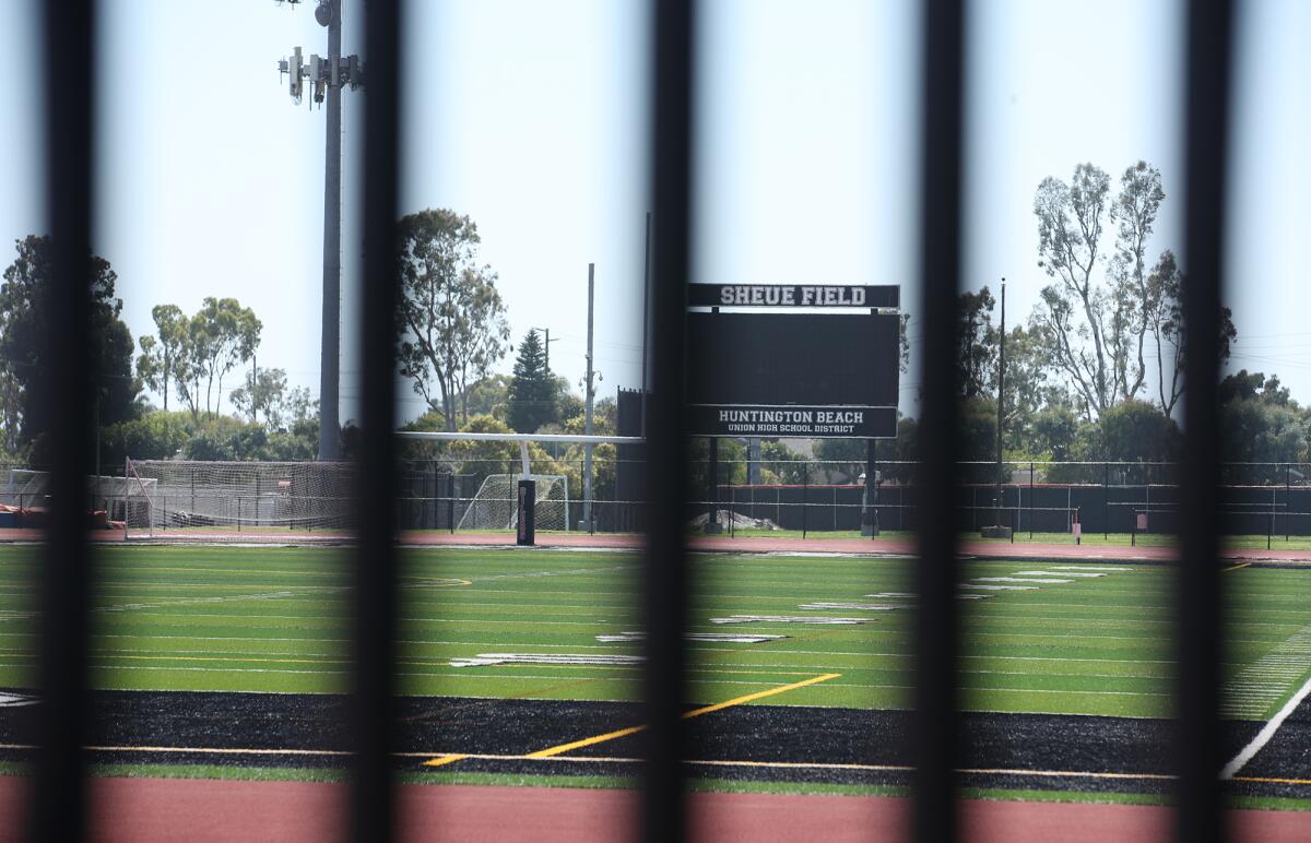 A closed Huntington Beach High School Cap Sheue Field is shown on Wednesday.