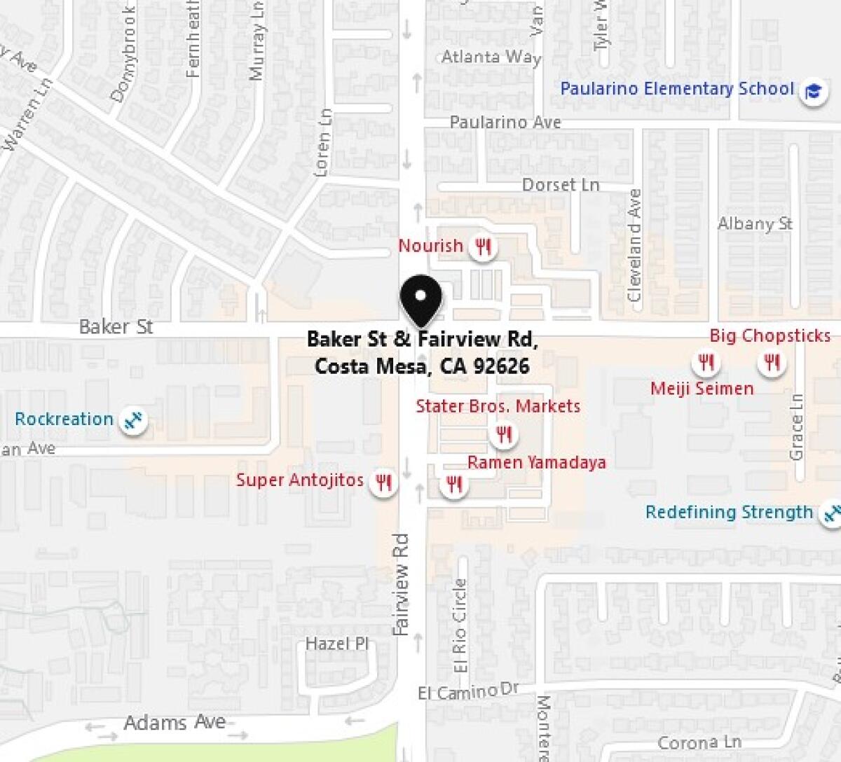 Two people, including a Costa Mesa police officer, were injured in a crash Thursday morning at the intersection of Baker Street and Fairview Road in Costa Mesa.