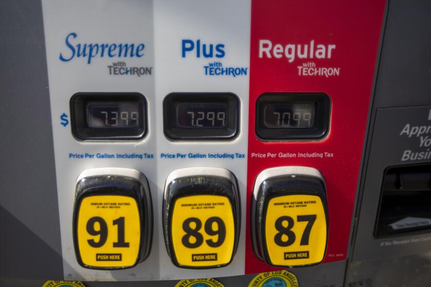 Los Angeles, CA - October 03: The price of gas ranged between $7.09 - $7.39 a gallon this morning at Chevon in the Eagle Rock neighborhood on Monday, Oct. 3, 2022, in Los Angeles, CA. The average price of a gallon of self-serve regular gasoline in Los Angeles County rose seven-tenths of a cent to a record $6.466 today, topping the previous high of $6.462 set June 14. The average price has risen 31 consecutive days, increasing $1.22, including 1 cent Sunday and 15.3 cents Thursday, the largest daily increase since the record 19.2-cent hike on Oct. 5, 2012, according to figures from the AAA and Oil Price Information Service. (Francine Orr / Los Angeles Times)