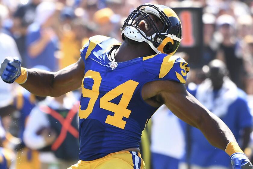 Rams defensive end Robert Quinn celebrates during the Rams win over the Seahawks on Sept. 18.