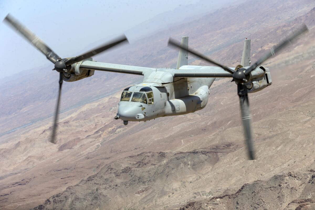 A U.S. Marine Corps MV-22B Osprey in flight