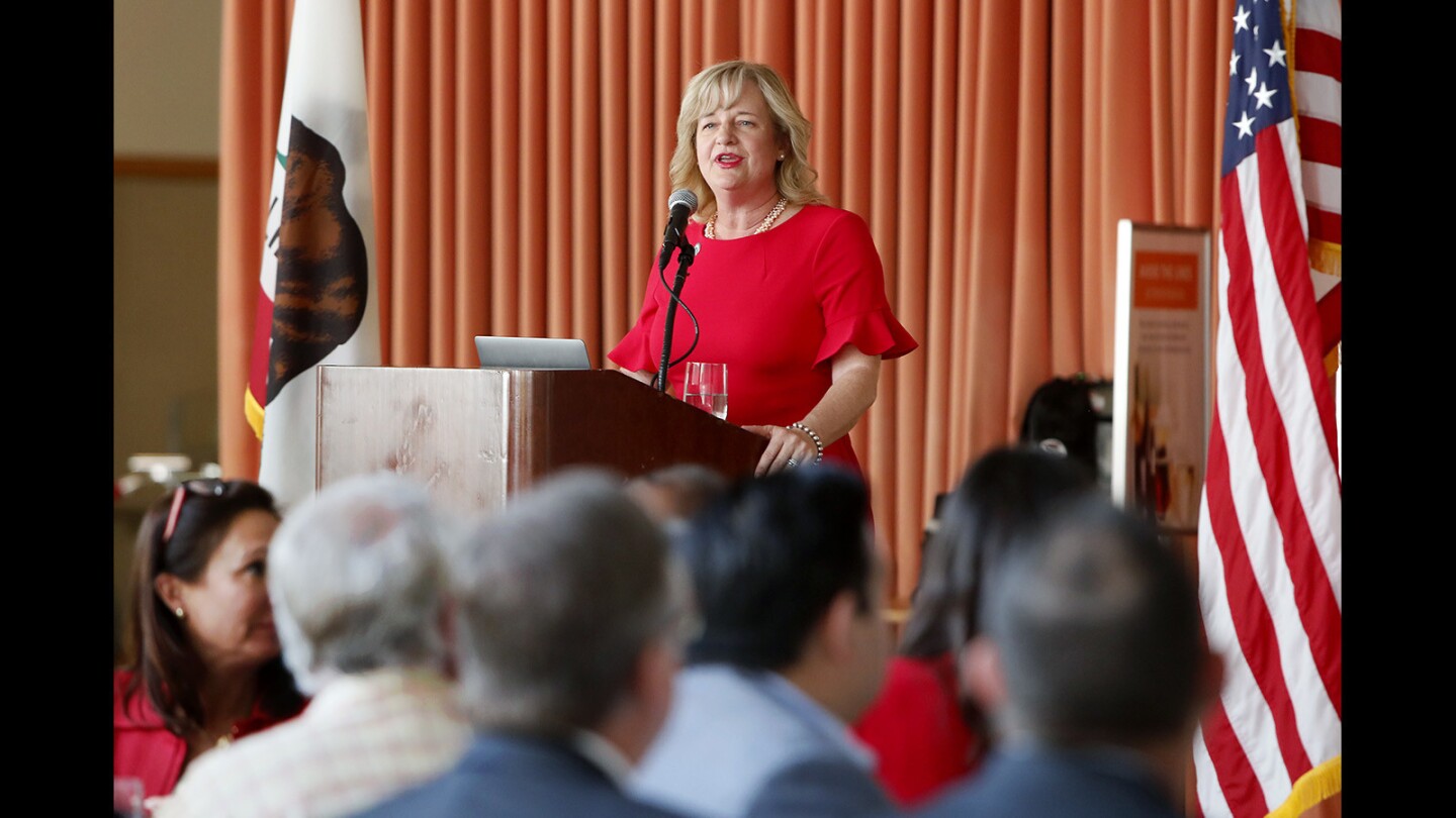 Costa Mesa Mayor Katrina Foley speaks during the State of the City luncheon on Wednesday at the Renée and Henry Segerstrom Concert Hall in Costa Mesa. The event was hosted by the Costa Mesa Chamber of Commerce.