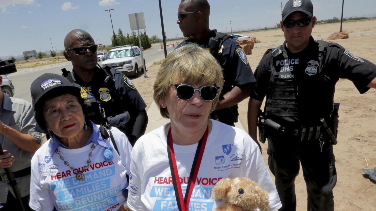 Randi Weingarten is turned away after trying to deliver a teddy bear and other items for children to federal agents at the port-of-entry Fabens, Texas, on Tuesday.