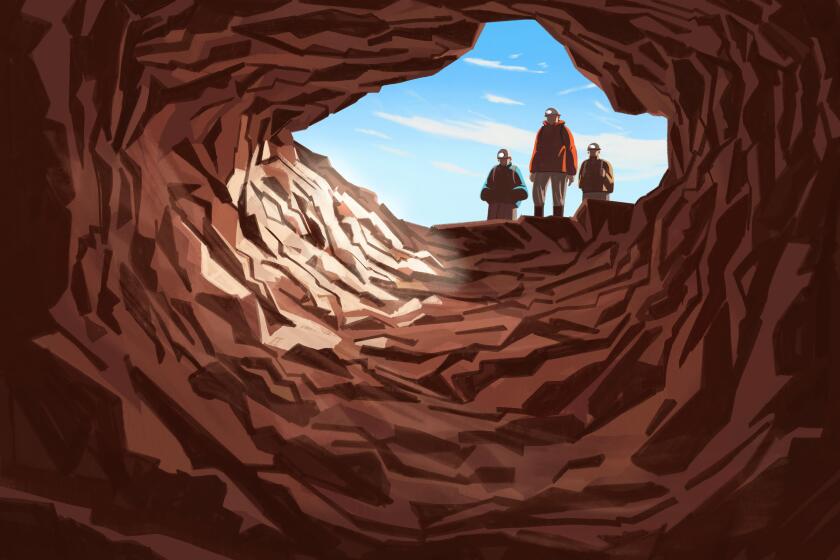 Illustration of three figures at the entrance of a cave tunnel. Light shines in from the outside.