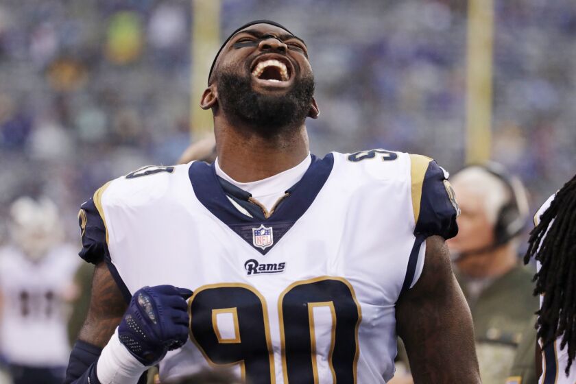 Los Angeles Rams nose tackle Michael Brockers reacts during the second half.