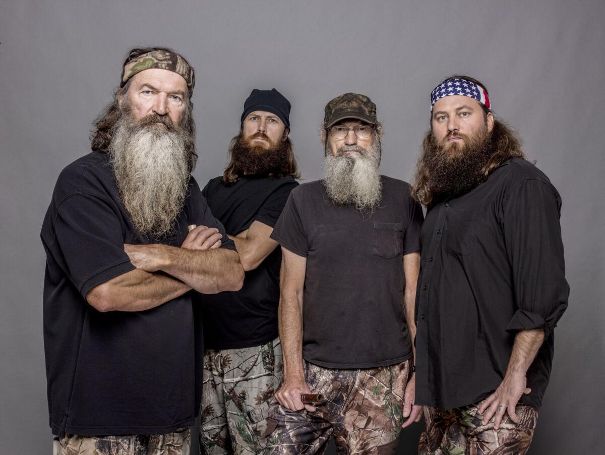 Phil Robertson, from left, Jase Robertson, Si Robertson and Willie Robertson from the A&E; series "Duck Dynasty."