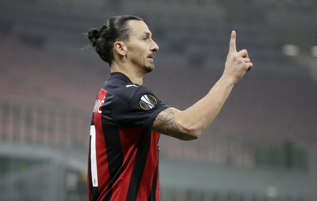 Zlatan Ibrahimovic gestures, holding up an index finger, in a match on Thursday.