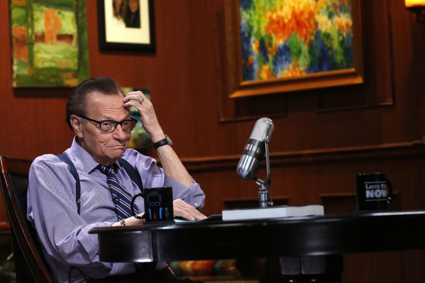 GLENDALE, CA -- MONDAY, MAY 9, 2016 -- Larry King in between segments while taping an interview with Moby for Larry King Now which airs on Ora TV. King had been in journalism since the 1950's. ( Rick Loomis / Los Angeles Times )