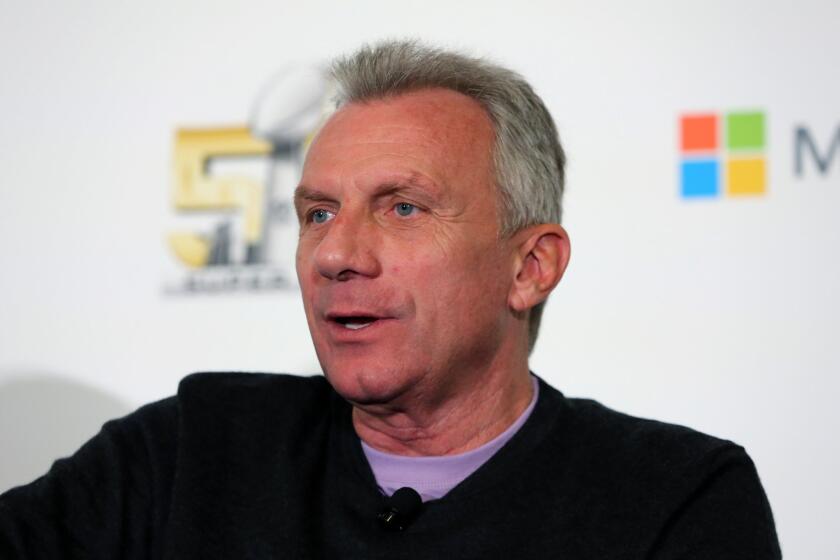 Joe Montana speaks Tuesday as part of Microsoft's "Future of Football" panel at Super Bowl 50 in San Francisco.