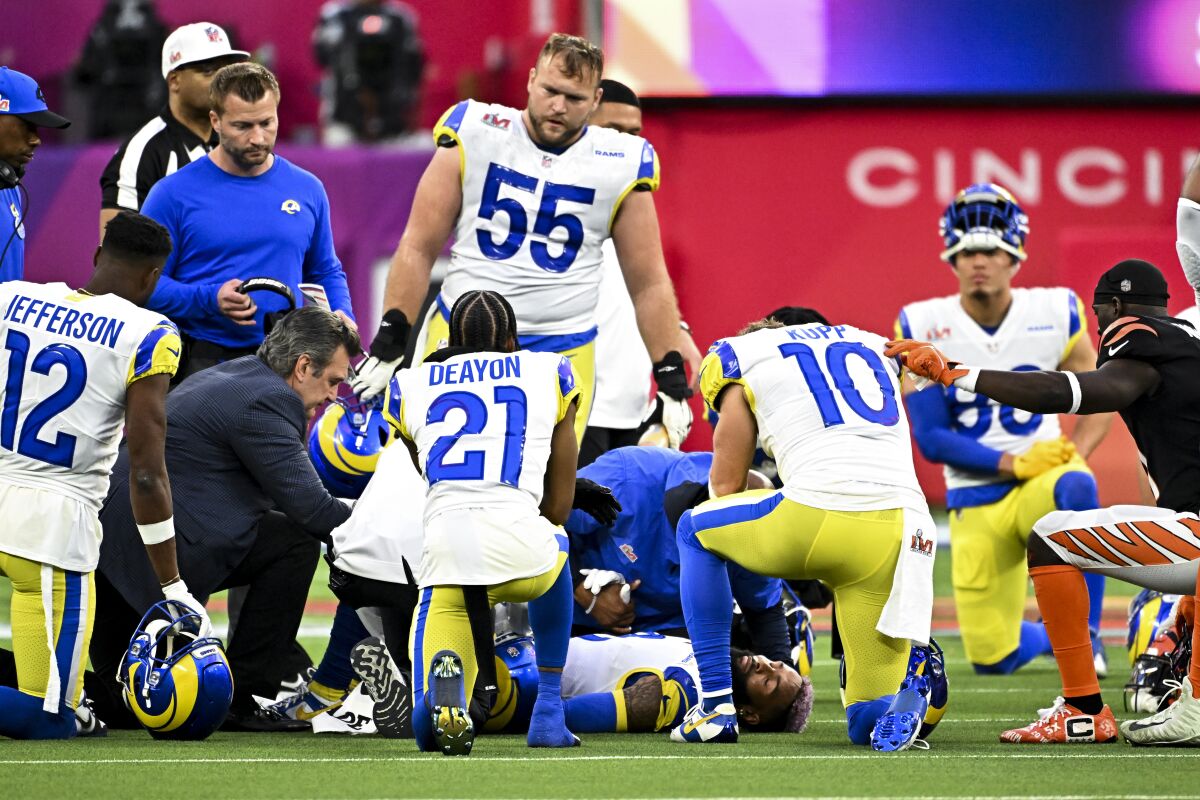 Rams wide receiver Odell Beckham Jr. is tended to after being injured.