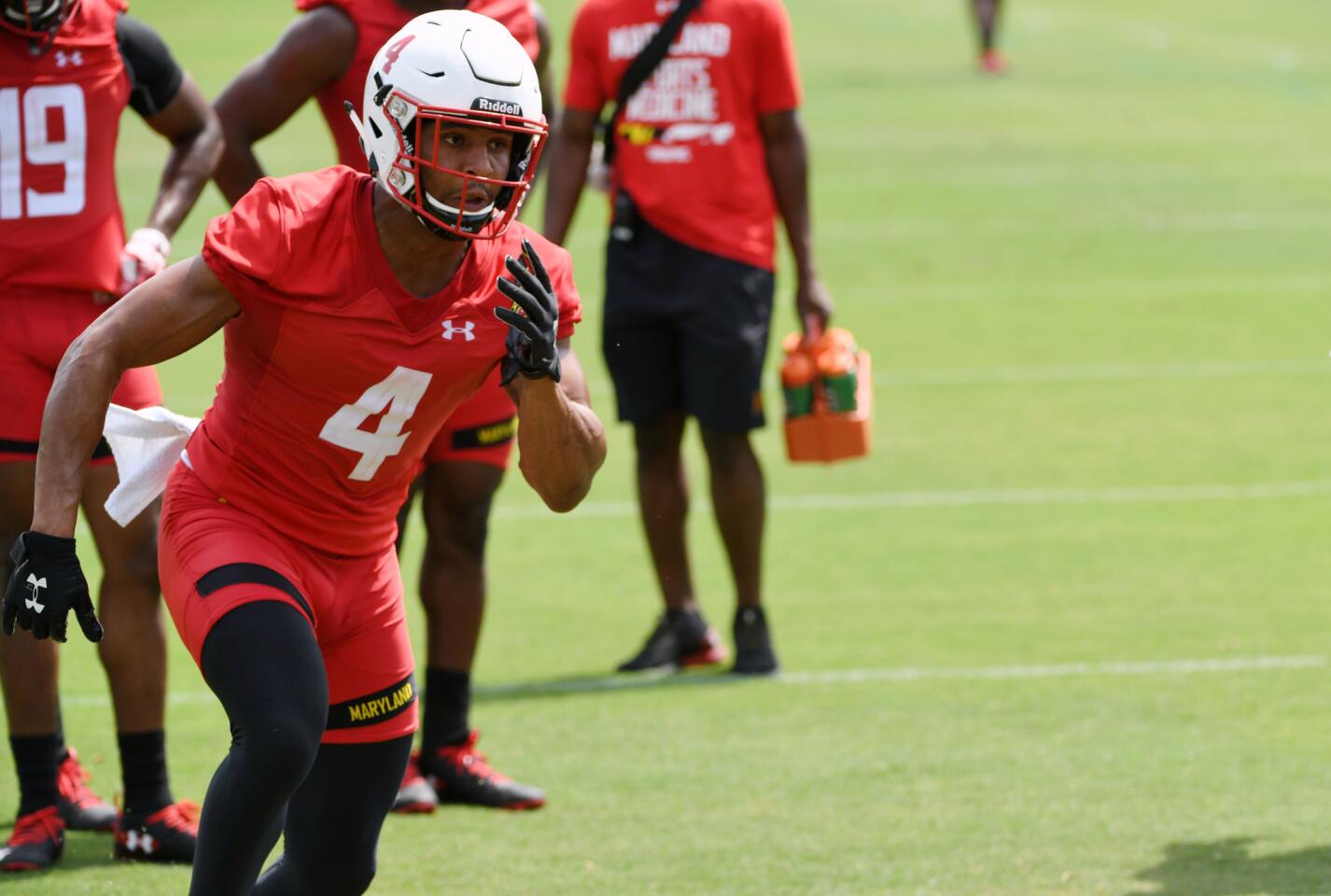Keandre Jones, University of Maryland LB, during a drill at the Terps training camp on media day.