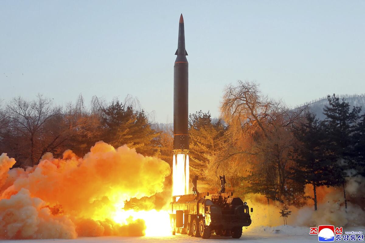 FILE - This photo provided by the North Korean government, shows what it says a test launch of a hypersonic missile in North Korea Wednesday, Jan. 5, 2022. Dozens of mostly Western countries criticized North Korean “reckless actions” in its weapons programs as its government on Thursday, June 2, 2022, took over the rotating presidency of the U.N.-backed Conference on Disarmament. (Korean Central News Agency/Korea News Service via AP, File)