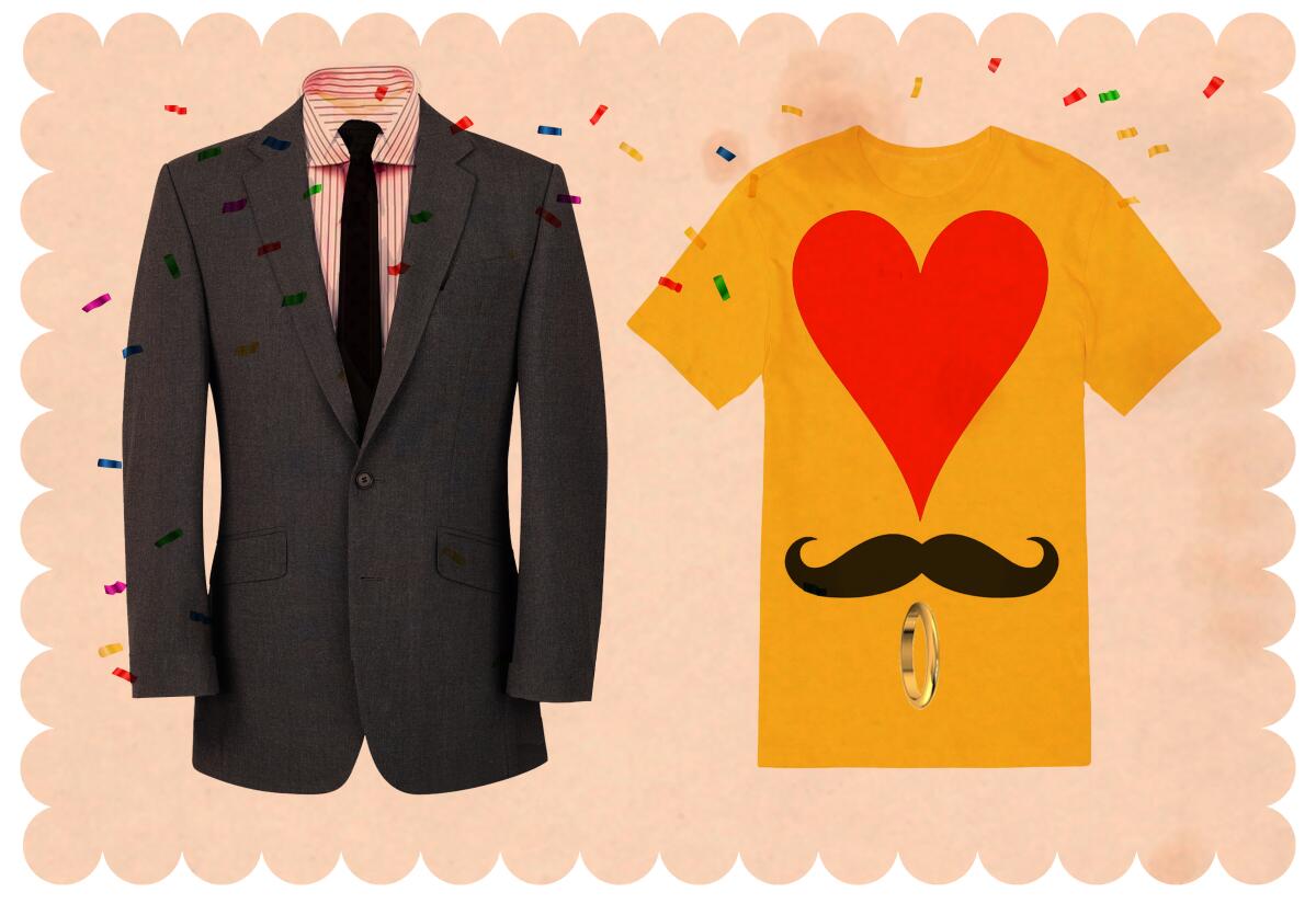 An illustration of a man's suit and a man's T-shirt, with a picture of a heart, a moustache and a ring on it.