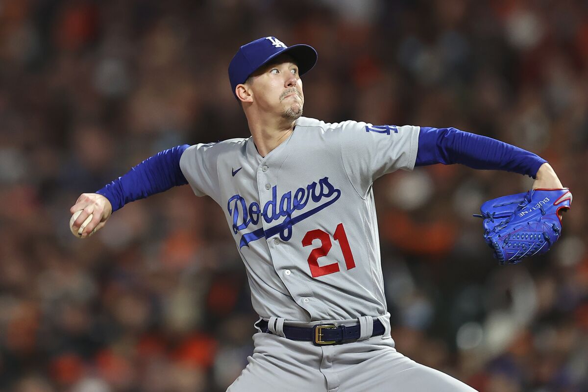 Walker Buehler pitches against the San Francisco Giants during Game 1 of the NLDS in October.