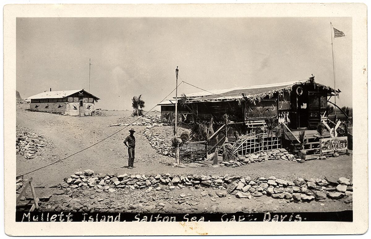 A historical photo showing the Hell's Kitchen restaurant on Mullet Island at the Salton Sea.