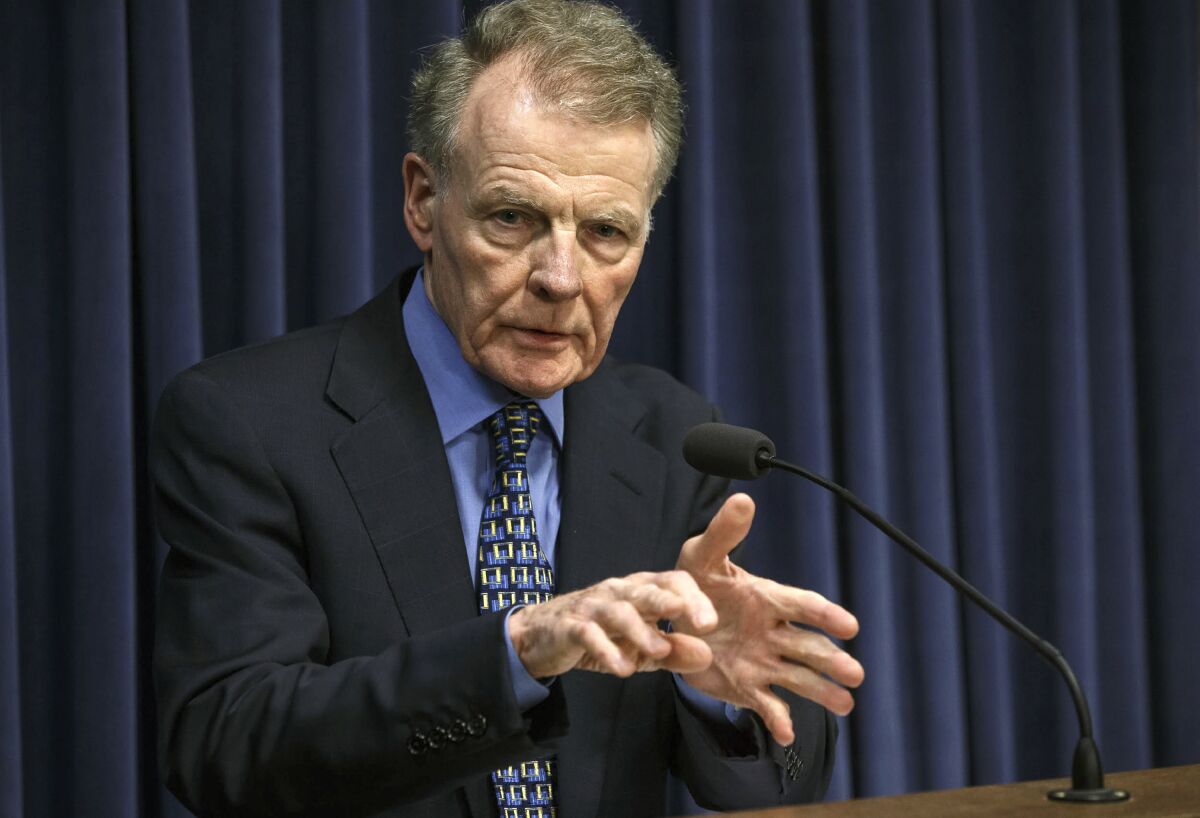 FILE - In this July 26, 2017, file photo, Illinois House Speaker Michael Madigan, D-Chicago, speaks at a news conference at the Capitol in Springfield, Ill. Illinois House Republicans have moved to form a special investigative committee on Speaker Madigan, who has been implicated in a federal bribery investigation. Republicans petitioned to form the committee this week, saying Wednesday, Sept. 2, 2020, that the House must "do its job and conduct a thorough investigation." (Justin Fowler/The State Journal-Register via AP, File)