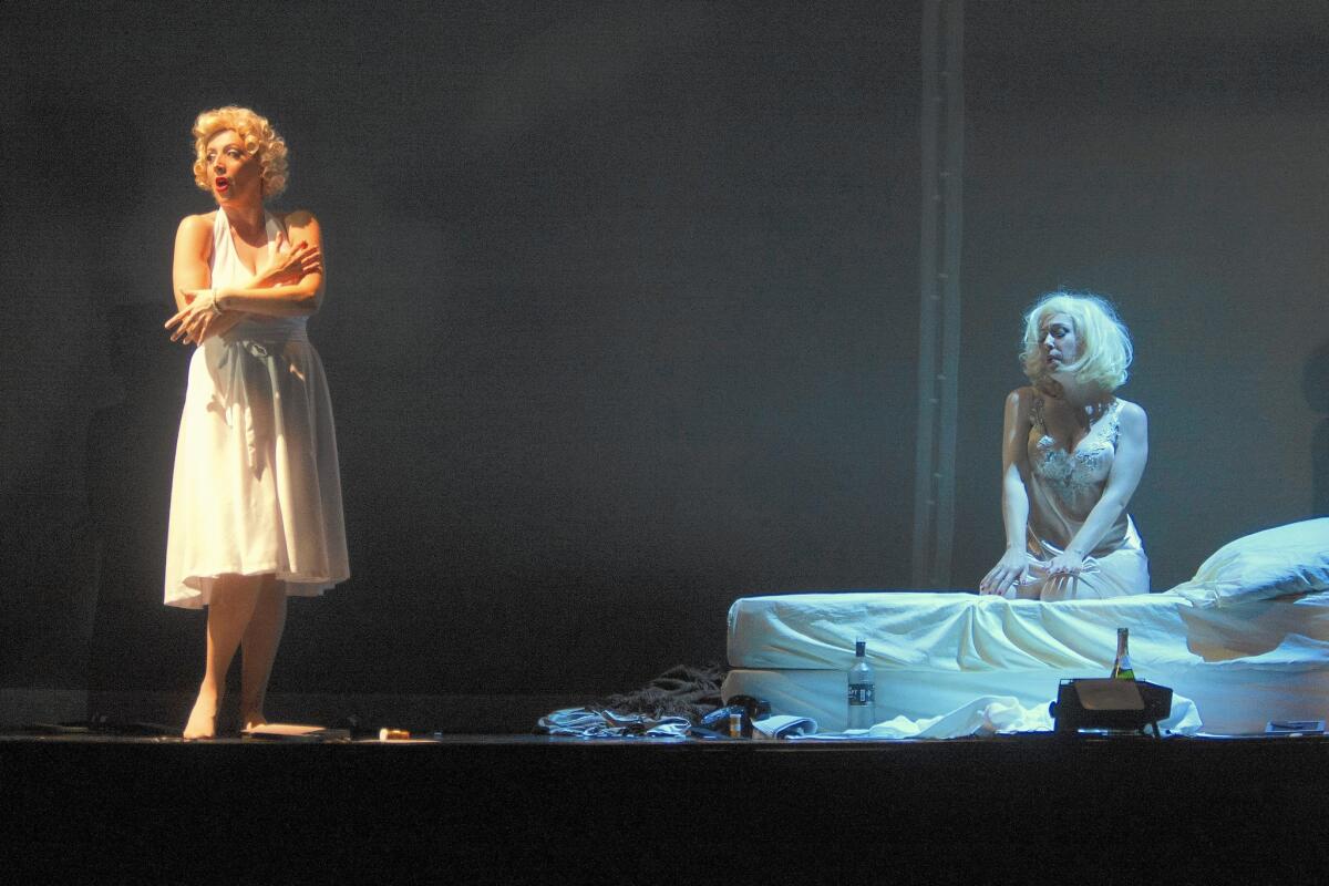 Jamie Chamberlin, left, and Danielle Marcelle Bond in "Marilyn Forever" at Warner Grand Theatre in San Pedro.