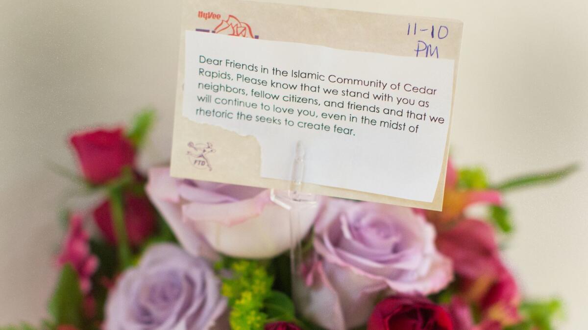 A bouquet of flowers and an encouraging note given to the Islamic Center of Cedar Rapids, in Cedar Rapids, Iowa, shown on Nov. 12, 2016.
