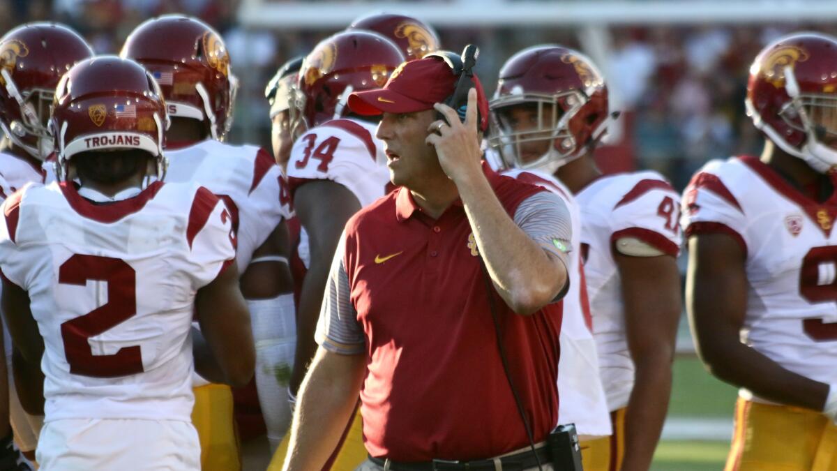 USC Coach Clay Helton tried to keep the Trojans on an even keel during a rugged early part of the season.