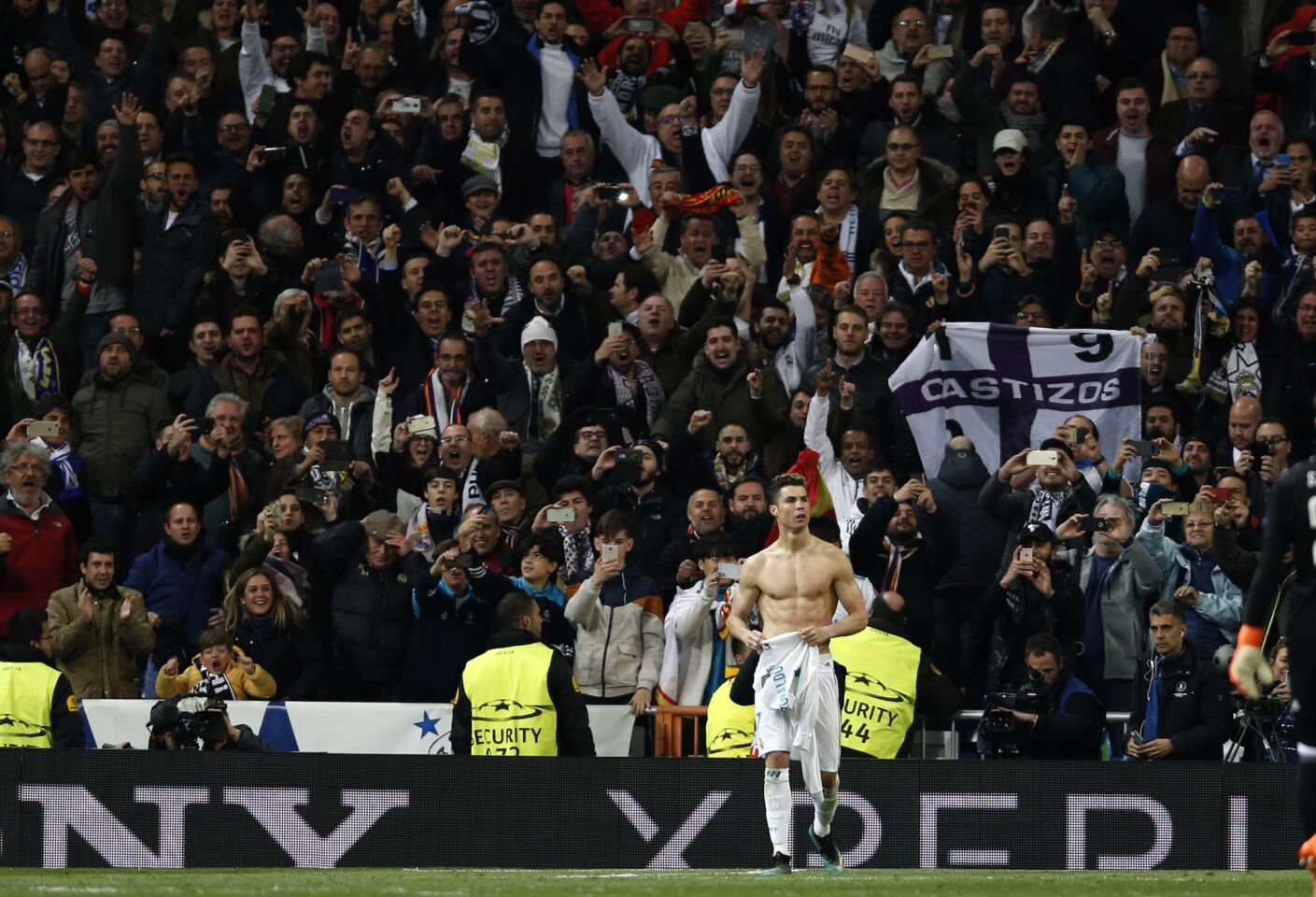 Real Madrid's Cristiano Ronaldo celebrates at the end of a Champions League quarter final second leg soccer match between Real Madrid and Juventus at the Santiago Bernabeu stadium in Madrid, Wednesday, April 11, 2018. (AP Photo/Francisco Seco)