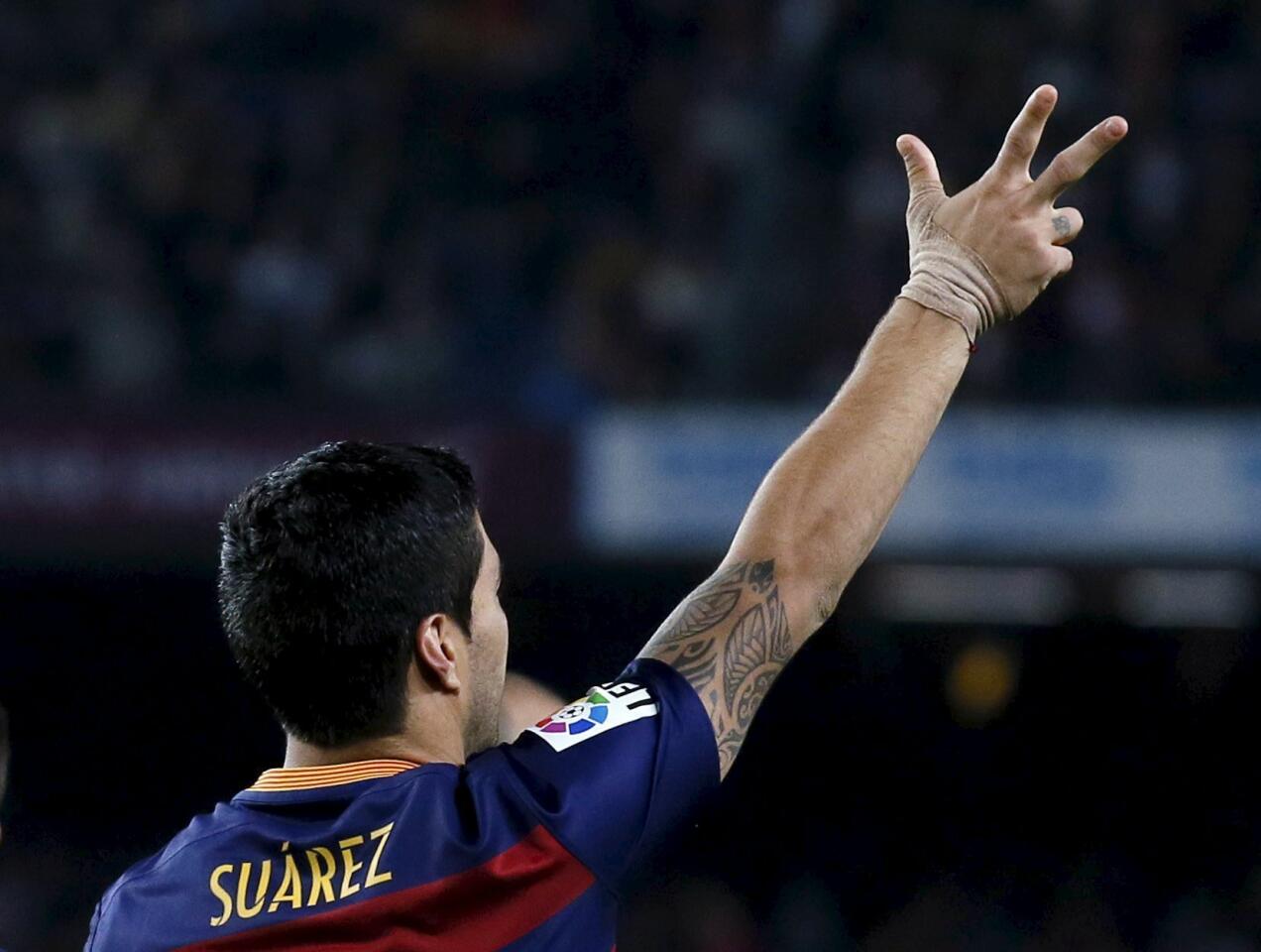Barcelona's Luis Suarez celebrates a goal against Eibar during their Spanish first division soccer match at Camp Nou stadium in Barcelona