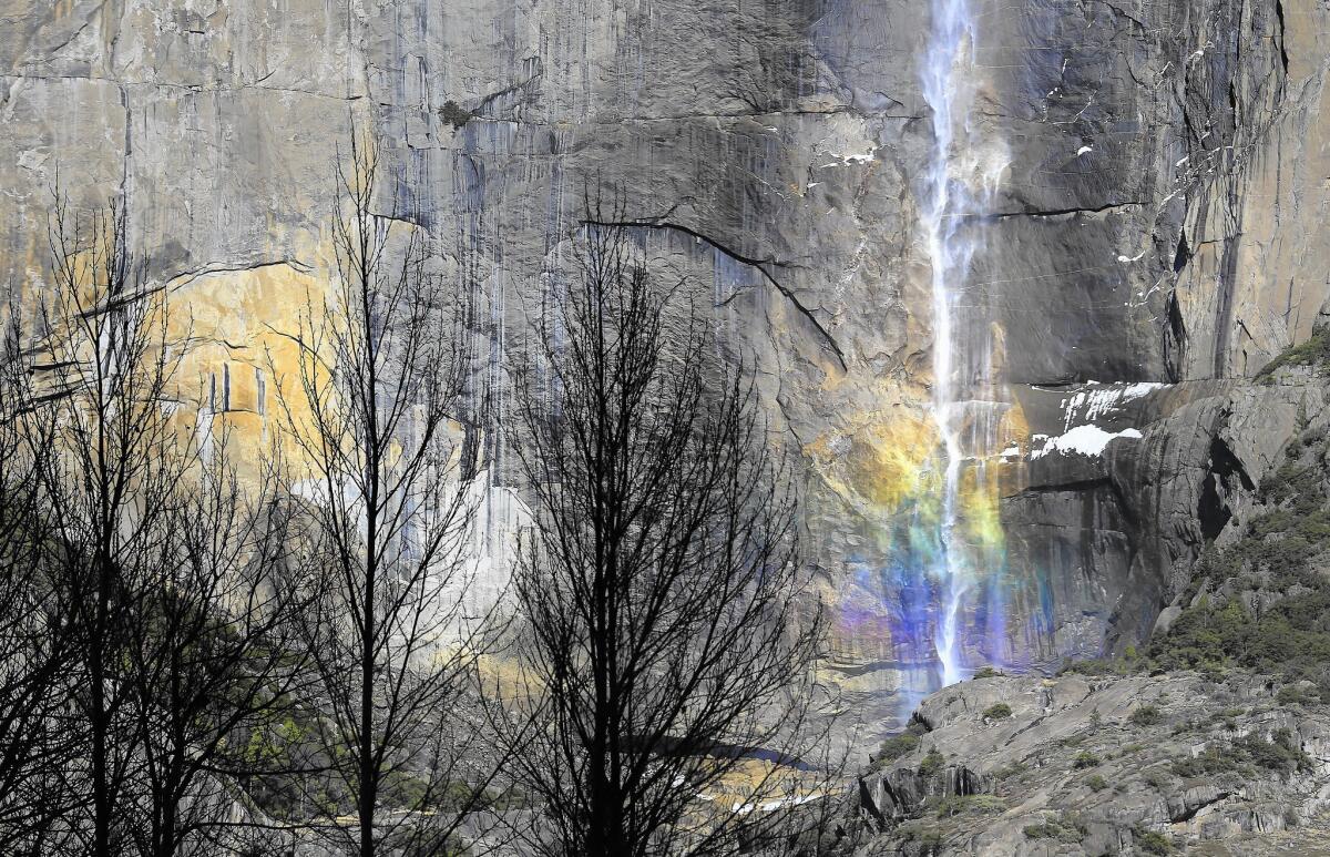 Water cascades down the face of Upper Yosemite Falls after a 2014 storm.
