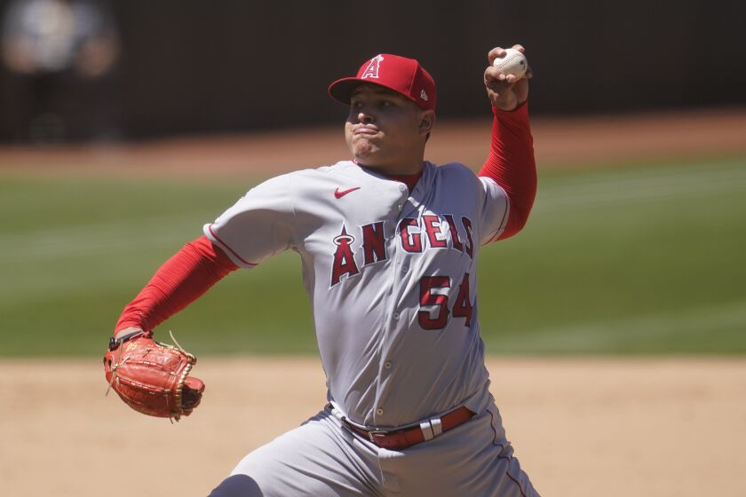 Los Angeles Angels' Jose Suarez pitches against the Oakland Athletics during the fifth inning.